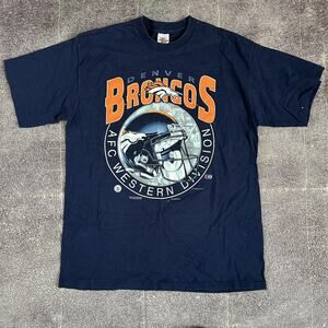 Men's Vintage 90's Denver Broncos Big Helmet Logo Navy Blue T Shirt Tee Sz XL
